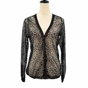Milly NWT Black Italian Yarn Invisible Lace Giraffe Animal Print Sheer Cardigan